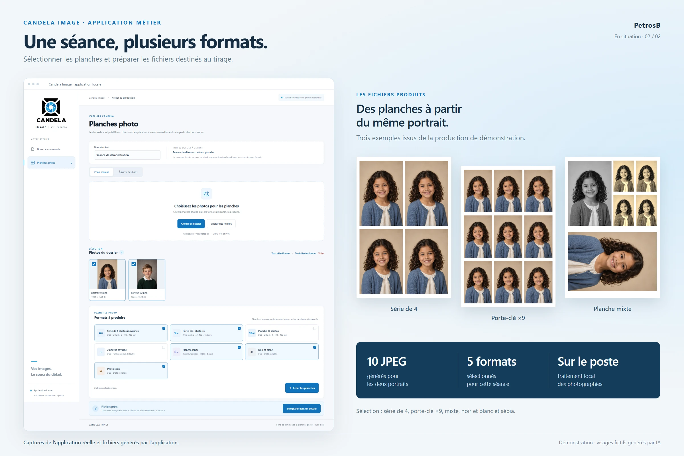 Sélection des formats et exemples de planches produites · séance fictive, visages générés par IA.