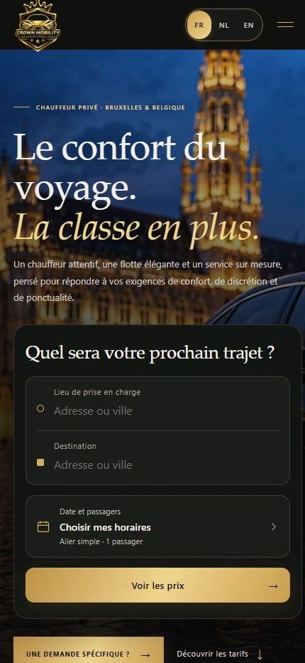 Accueil mobile de Crown Mobility avec l’estimateur de prix et le bouton Voir les prix.